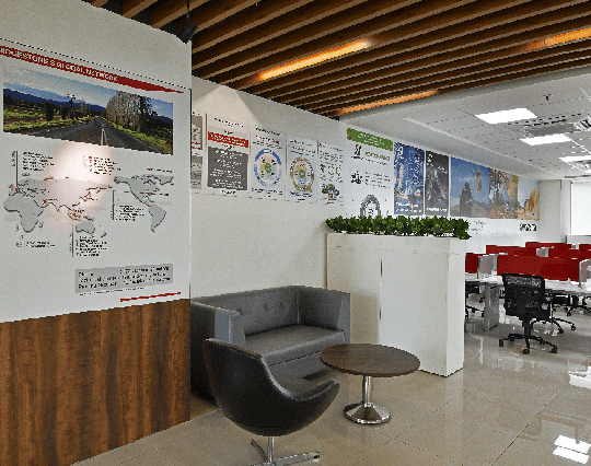 Reception and cafe, corporate office interior of Bridgestone