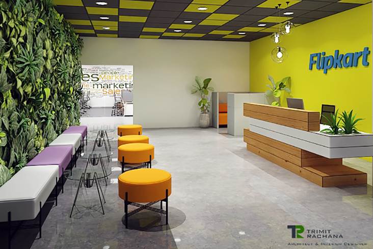 Corporate reception lobby interior design by Trimit Rachana featuring Flipkart branding, custom wooden desk, biophilic green wall, and modern waiting lounge furniture.